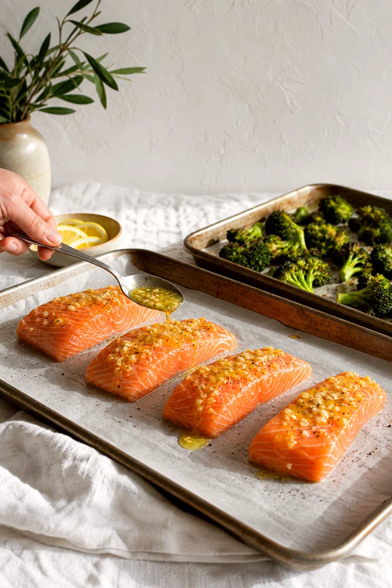 Salmon fillets on a baking sheet topped with lemon garlic oil before baking
