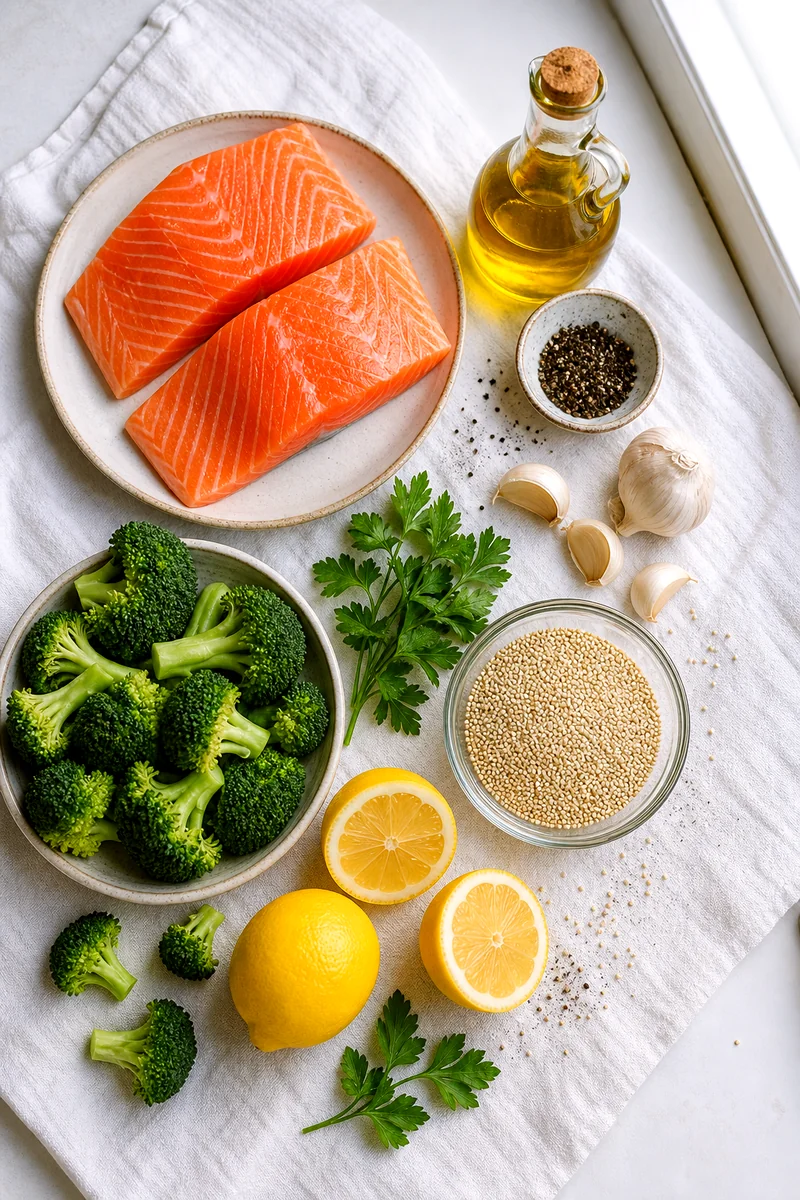 Salmon fillets, quinoa, broccoli, lemons, garlic, olive oil, pepper, and parsley on white linen