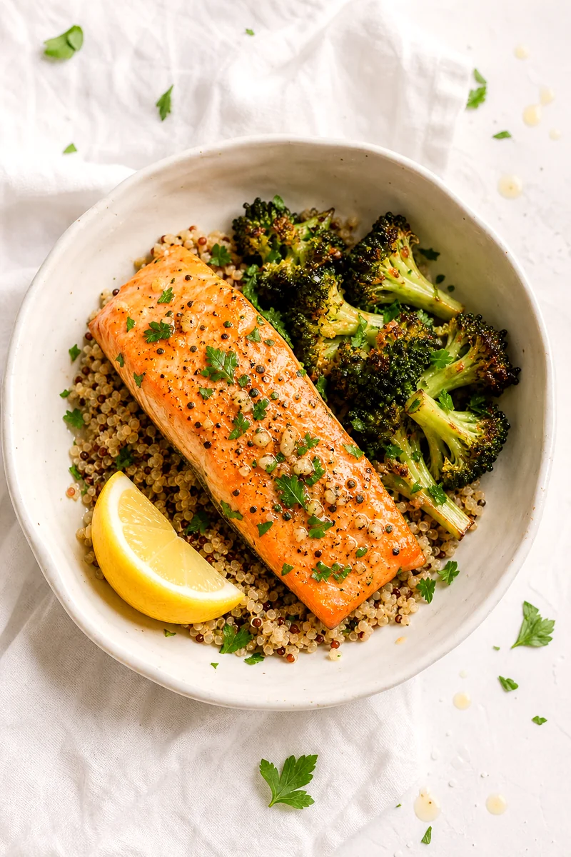 Lemon garlic salmon bowl with quinoa, roasted broccoli, parsley, and lemon wedge