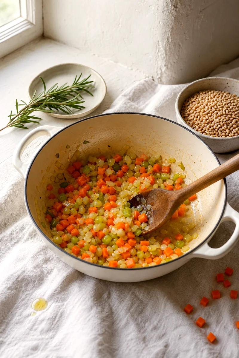 Onion, carrots, celery, and garlic cooking in a light pot with a wooden spoon