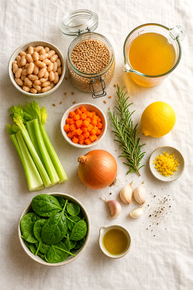 Farro, cannellini beans, carrots, celery, onion, garlic, spinach, rosemary, lemon, oil, and broth on white linen