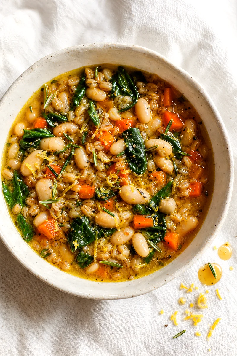Top view of lemon rosemary white bean farro stew with spinach and carrots in a white bowl