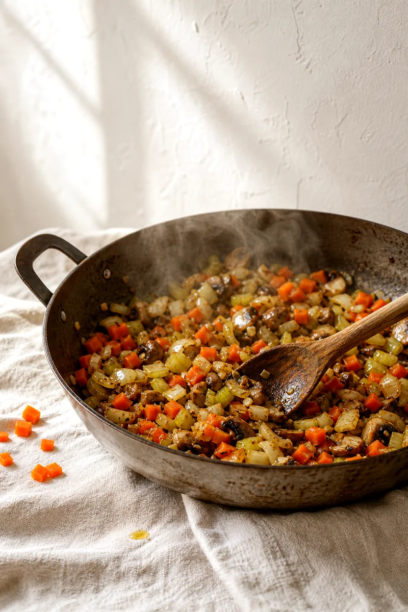 Onion, carrots, celery, mushrooms, and garlic sautéing in a pan with a wooden spoon