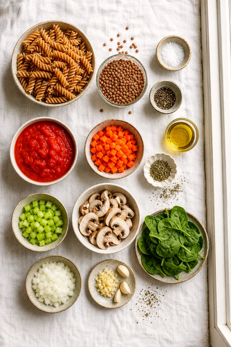 Dry lentils, whole wheat pasta, tomatoes, vegetables, spinach, garlic, and herbs arranged on white linen