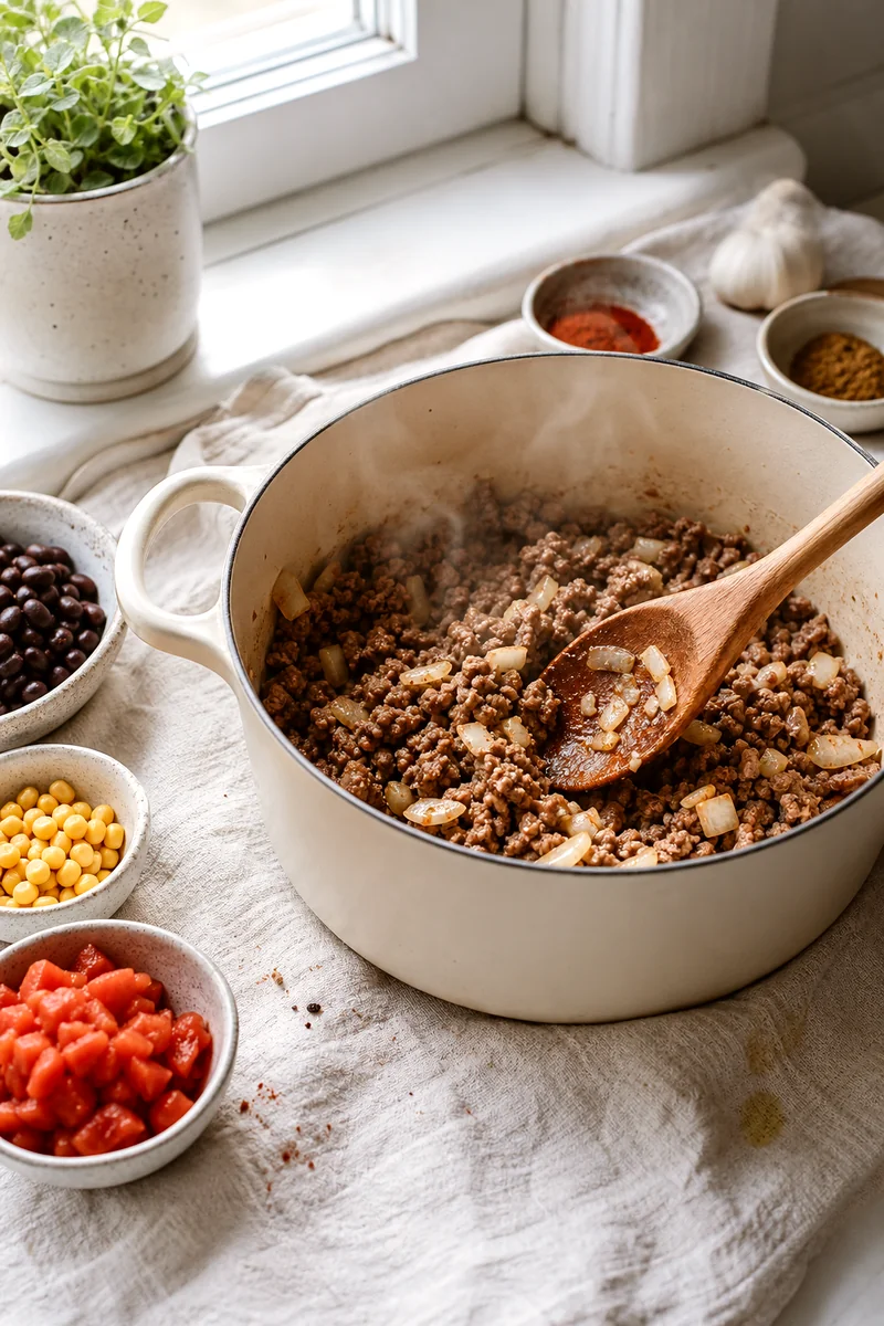 Ground beef, onion, and garlic browning in a pot for taco soup