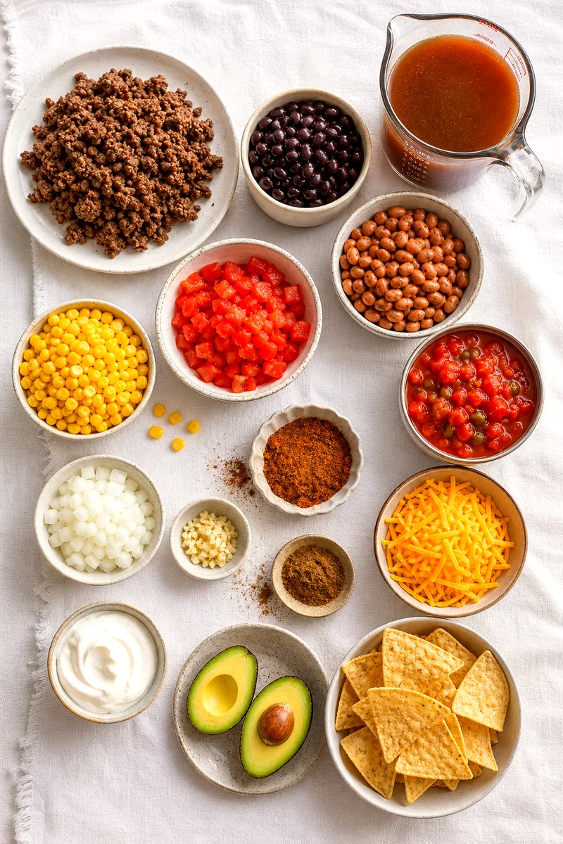 Ground beef, beans, corn, tomatoes, spices, broth, cheese, sour cream, avocado, and chips arranged for taco soup