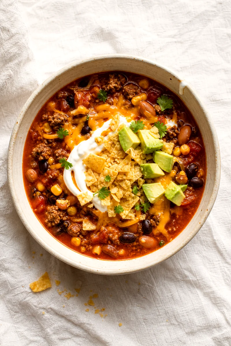 Top-down bowl of loaded taco soup with beans, corn, cheddar, sour cream, avocado, and tortilla chips