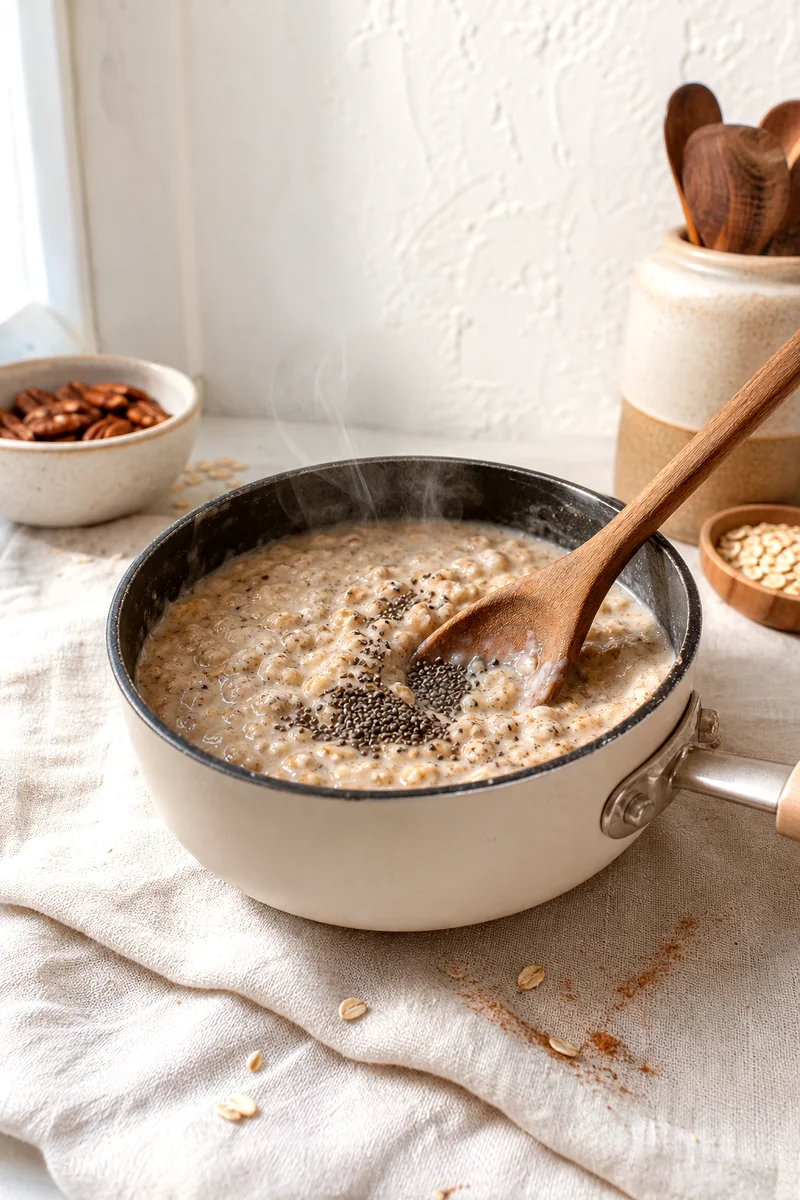 Creamy cinnamon oatmeal being stirred with chia seeds in a saucepan