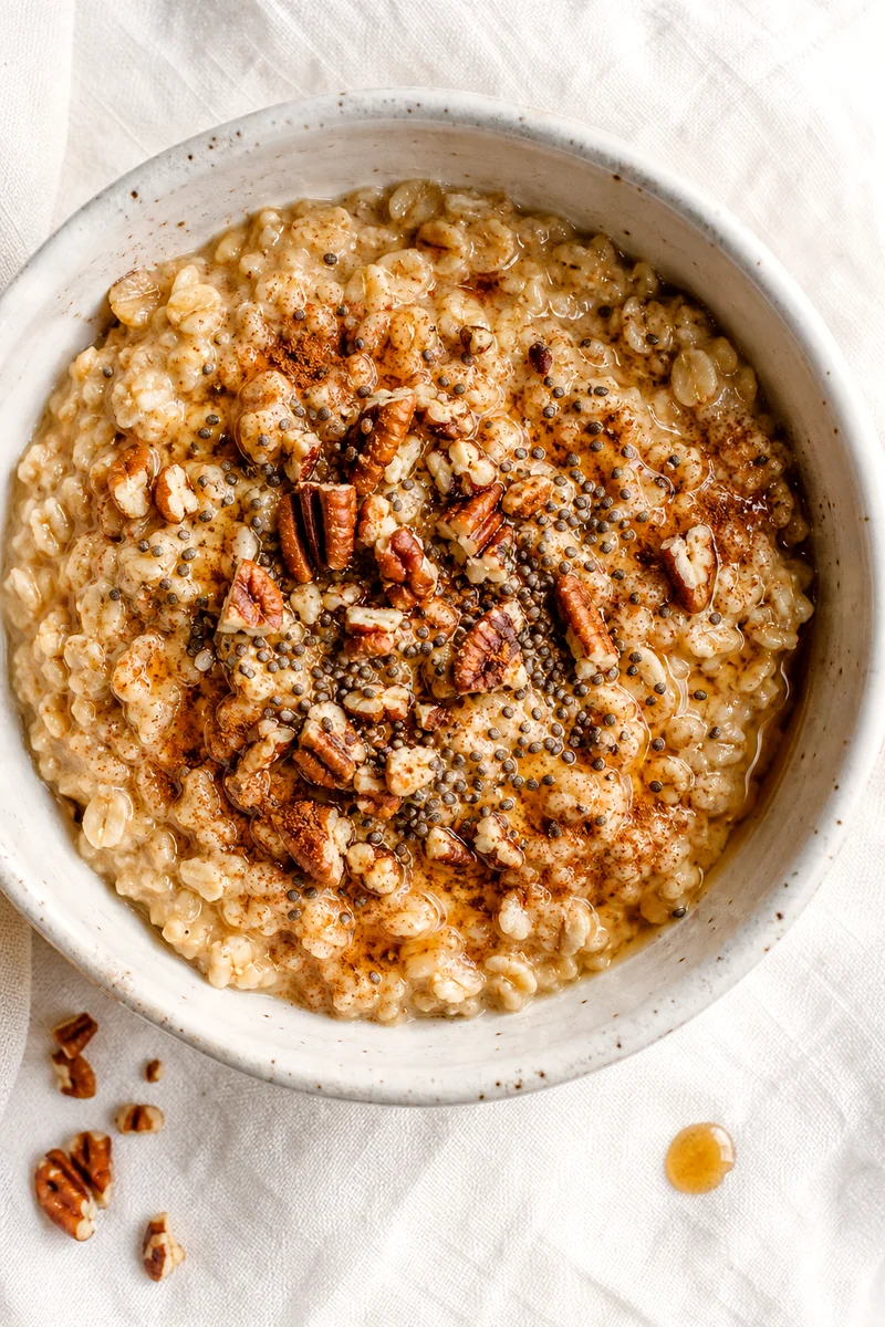 Top down view of maple pecan oatmeal with toasted pecans, chia seeds, and cinnamon