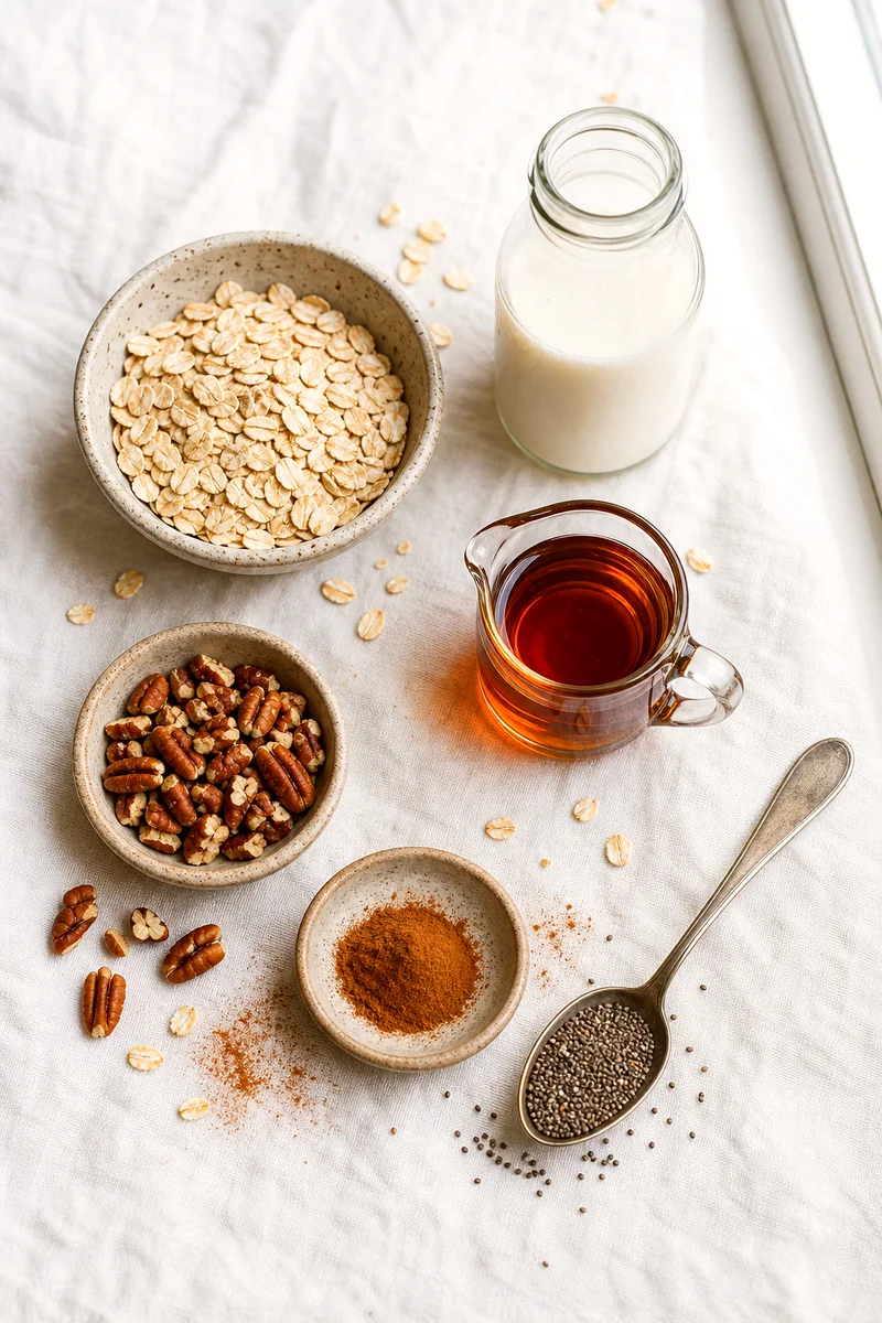 Rolled oats, pecans, cinnamon, maple syrup, chia seeds, and milk arranged on white linen