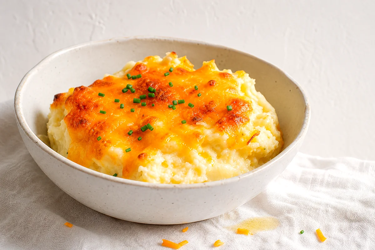 Creamy mashed potato casserole topped with melted cheddar and chopped chives in a white ceramic bowl