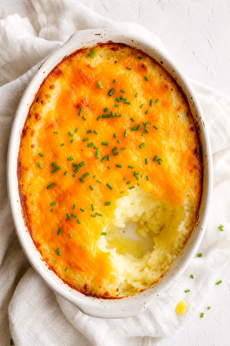 Finished mashed potato casserole with a spoonful removed, showing creamy potatoes under melted cheddar