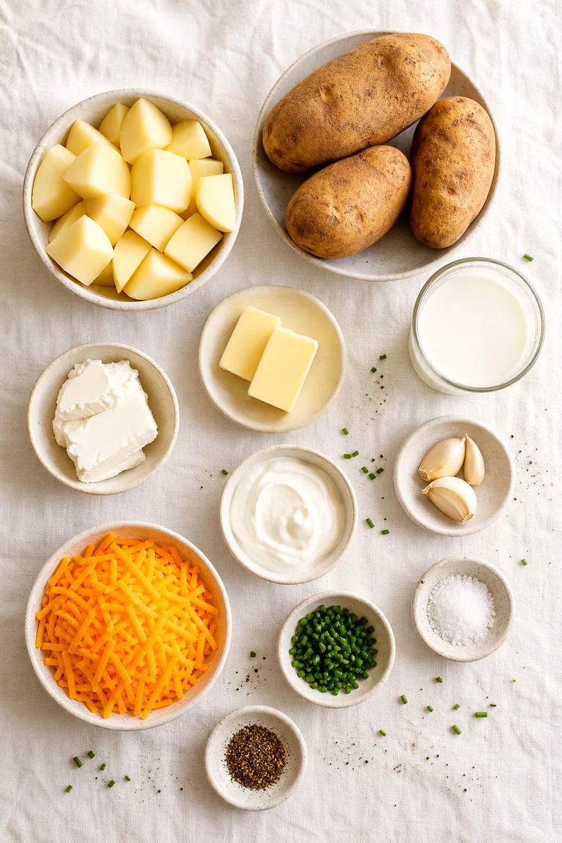 Russet potatoes, dairy ingredients, garlic, cheddar, chives, salt, and pepper arranged on white linen
