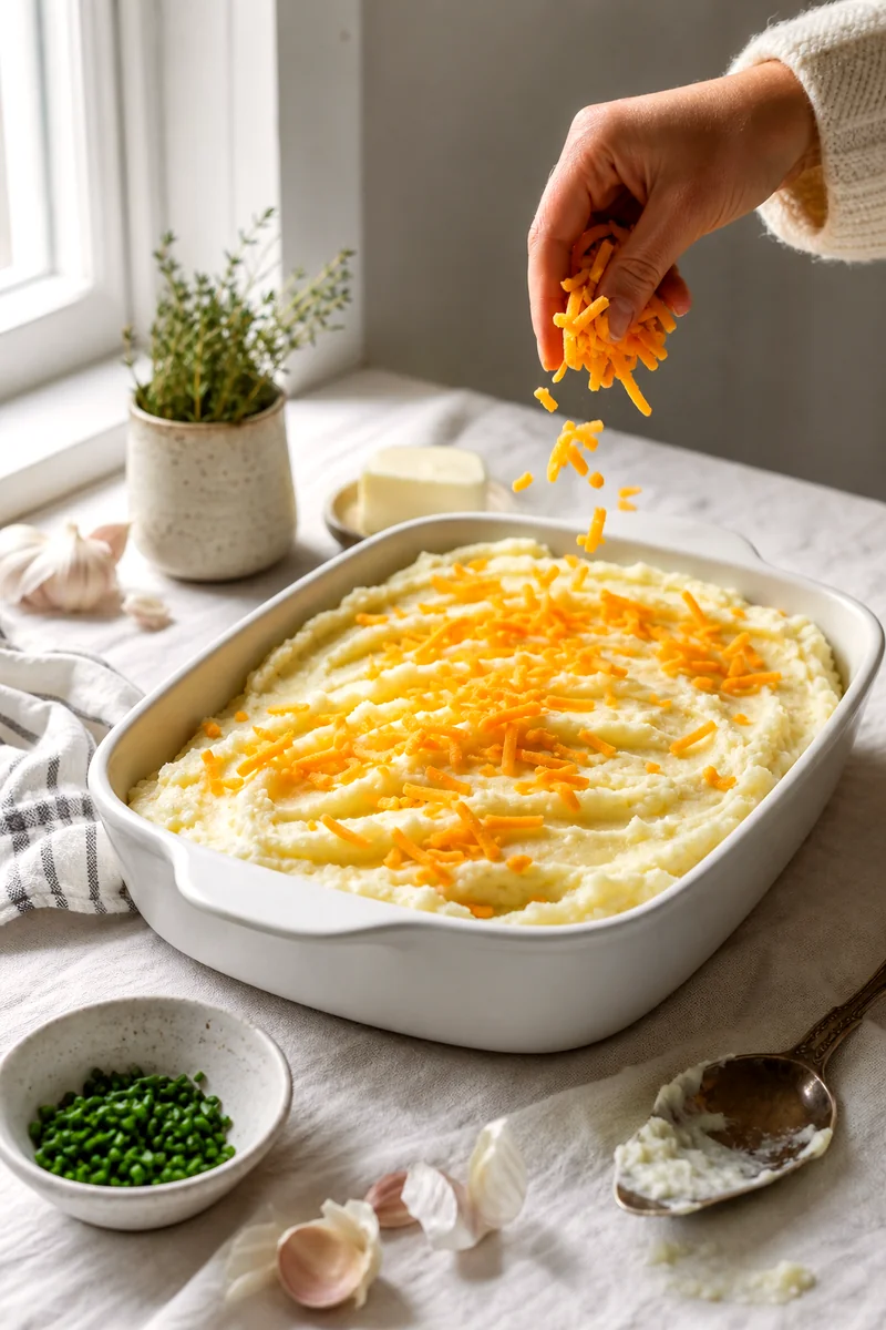 Mashed potatoes spread in a white baking dish as shredded cheddar is added on top