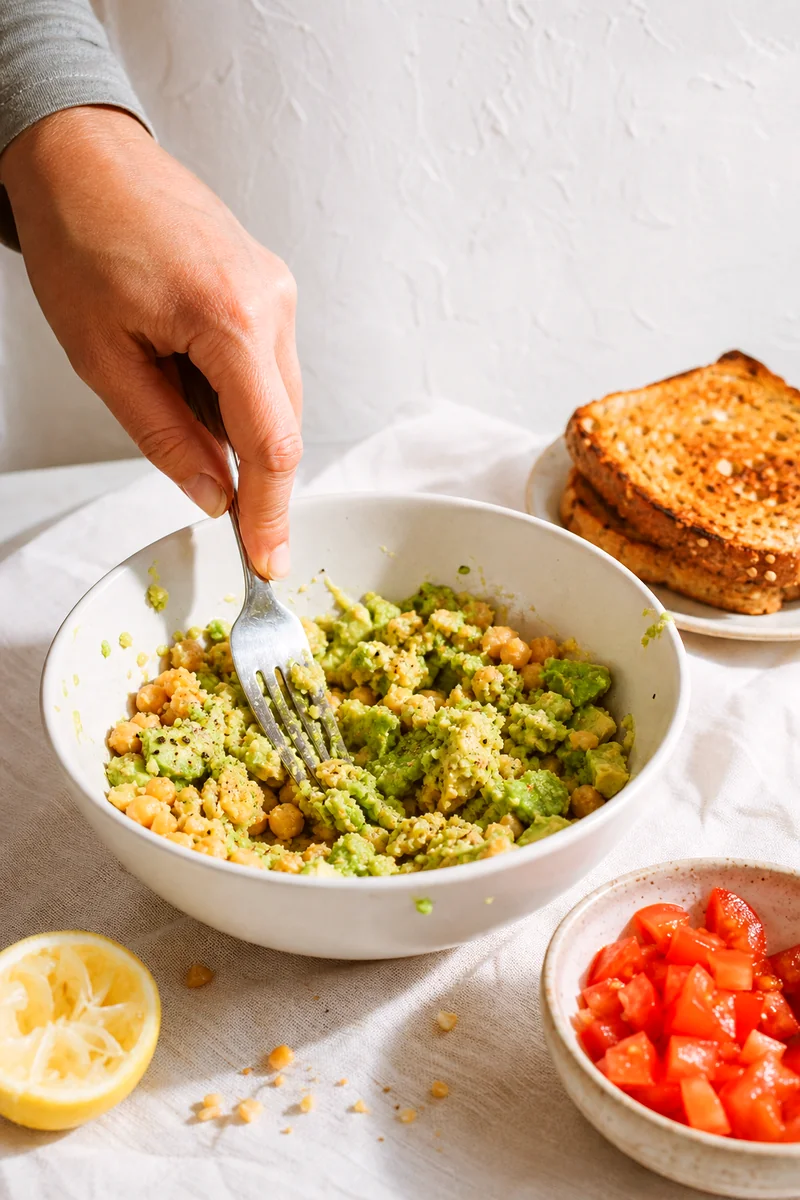 Fork mashing avocado and chickpeas with lemon and black pepper in a white ceramic bowl