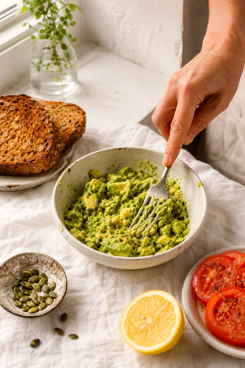 Fork mashing avocado with lemon juice in a white ceramic bowl beside toast and tomato slices