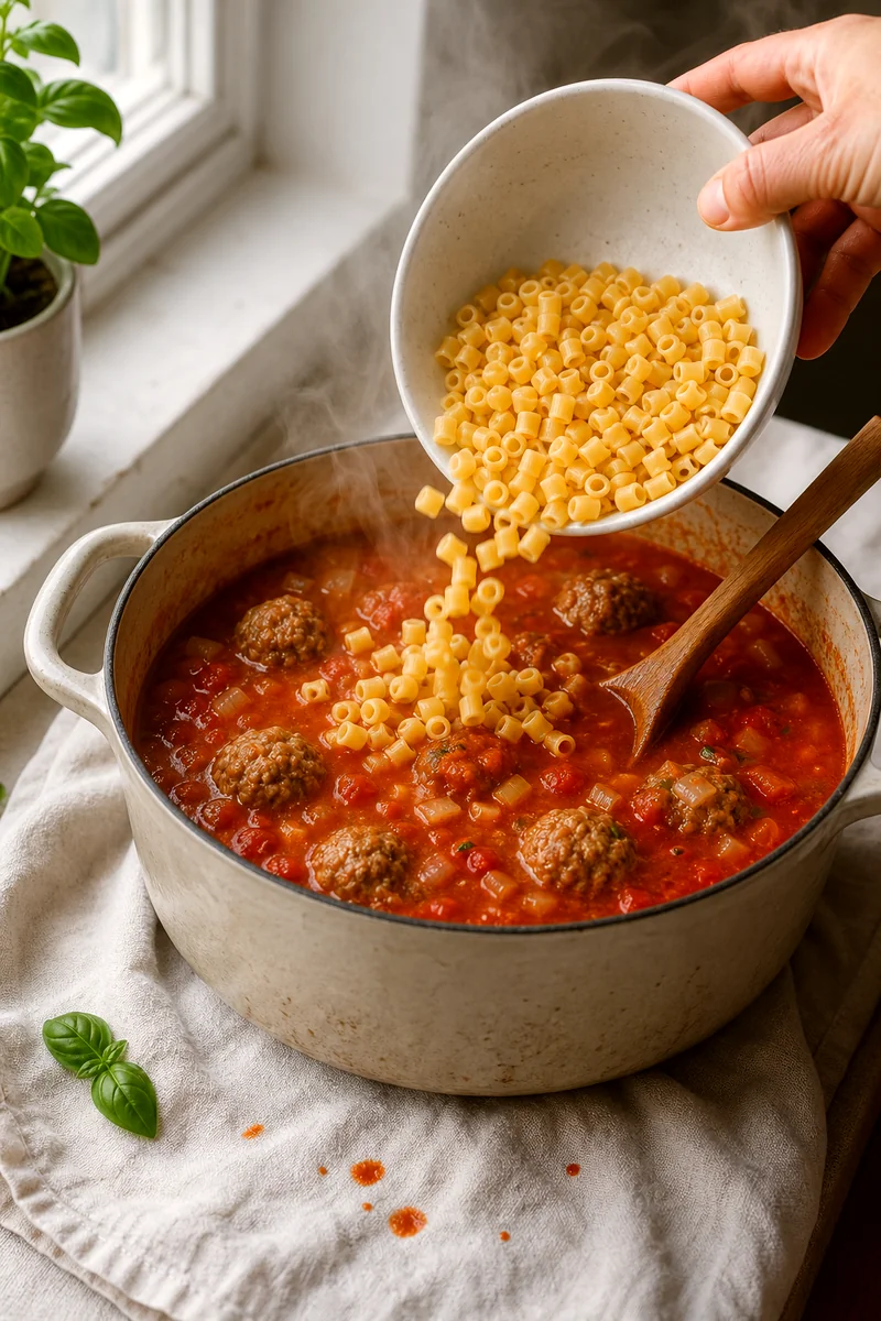 Small pasta being poured into simmering tomato soup with Italian meatballs