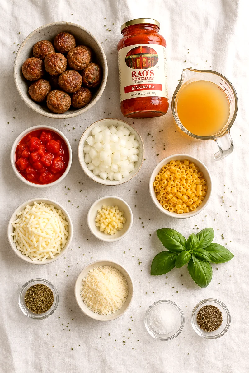 Meatballs, marinara, tomatoes, broth, pasta, cheeses, herbs, onion, garlic, salt, and pepper arranged on white linen