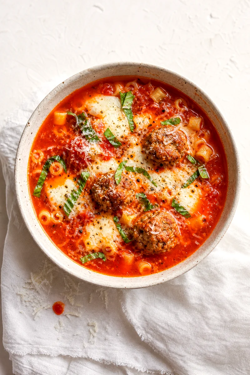 Top-down bowl of tomato meatball soup with pasta, melted cheese, Parmesan, black pepper, and basil