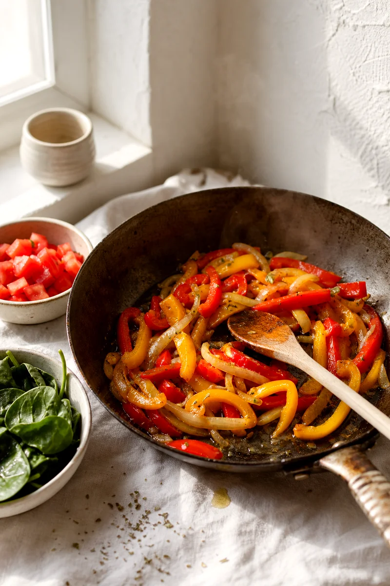 Bell peppers and onion sautéing in a skillet with tomatoes and spinach nearby