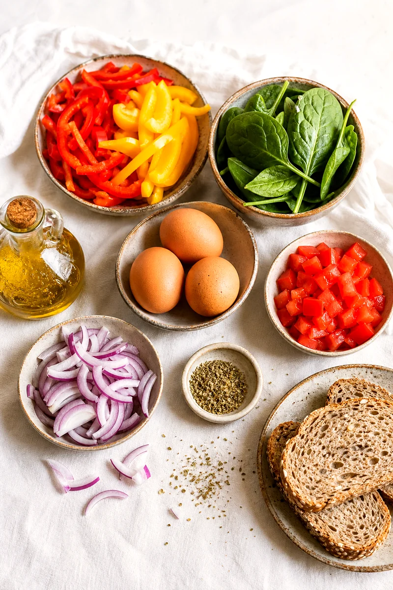 Eggs, bell peppers, spinach, tomatoes, onion, whole grain bread, olive oil, and oregano arranged on white linen