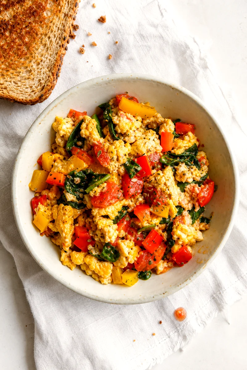 Vegetable egg scramble in a white ceramic bowl with peppers, spinach, tomatoes, oregano, and toast crumbs nearby
