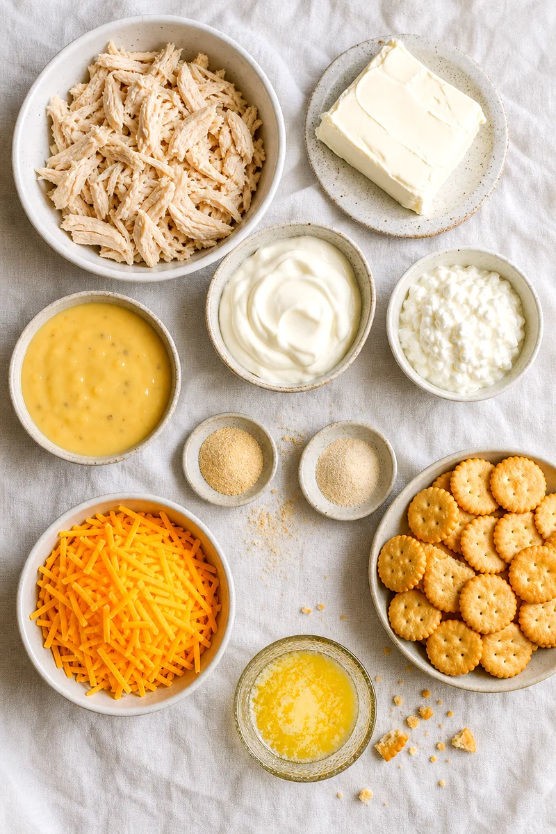 Shredded chicken, cheeses, soup, seasonings, crackers, and melted butter arranged on white linen