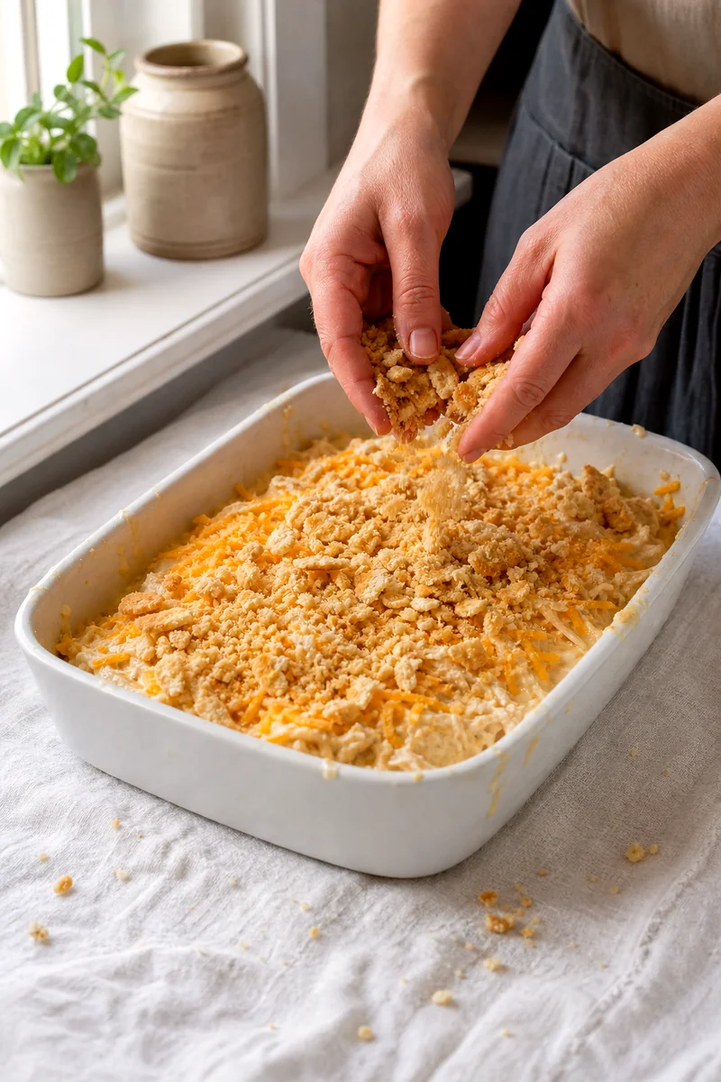 Hands sprinkling buttered cracker crumbs over creamy chicken casserole in a white baking dish