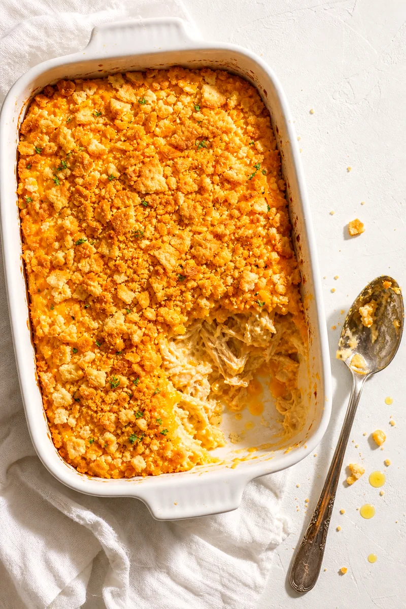 Top view of golden cracker topped chicken casserole with one creamy portion served