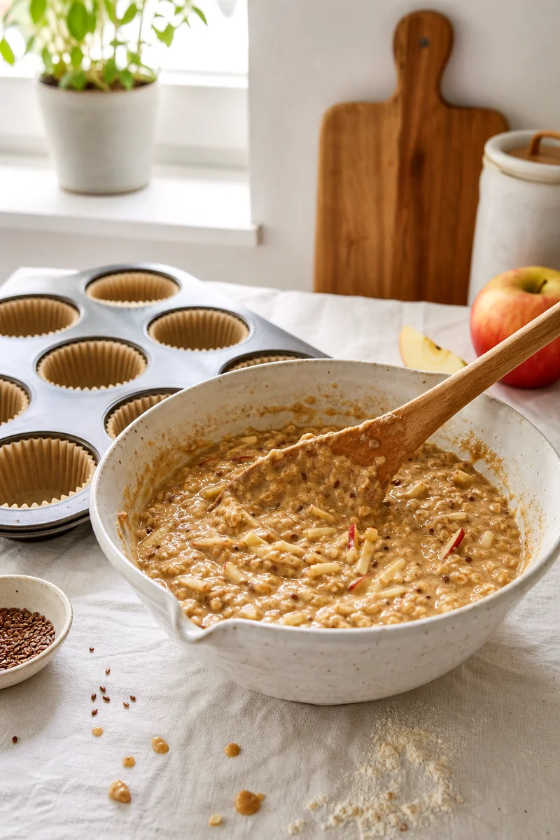 Thick apple bran muffin batter being folded in a white ceramic bowl