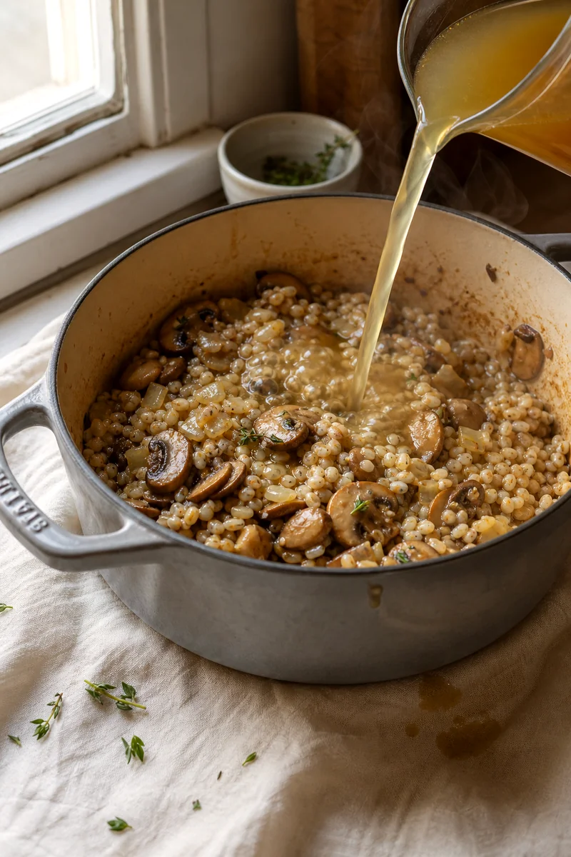 Warm broth being poured into barley, mushrooms, onion, and garlic in a cooking pot