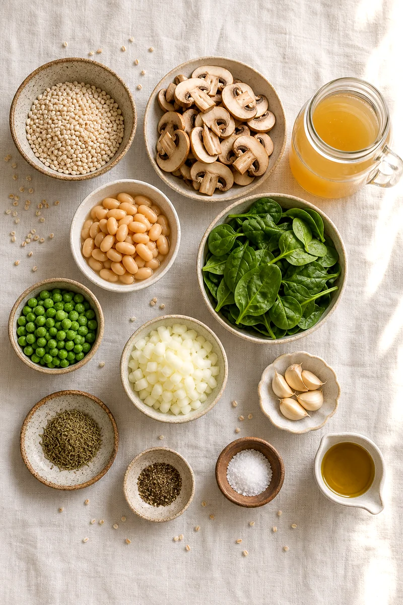 Pearl barley, mushrooms, white beans, spinach, peas, onion, garlic, broth, and thyme arranged on white linen