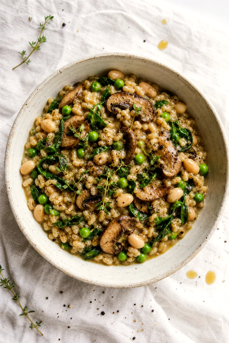 Top-down bowl of mushroom barley risotto with white beans, spinach, peas, and thyme