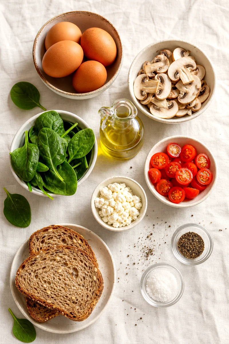 Eggs, mushrooms, spinach, tomatoes, feta, olive oil, seasonings, and whole grain bread arranged on white linen