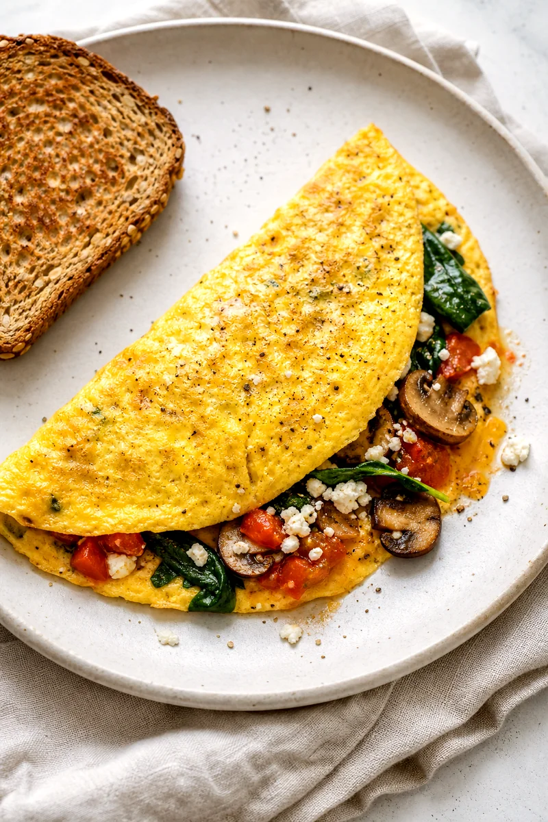 Overhead close-up of a sliced mushroom spinach omelet with feta and whole grain toast