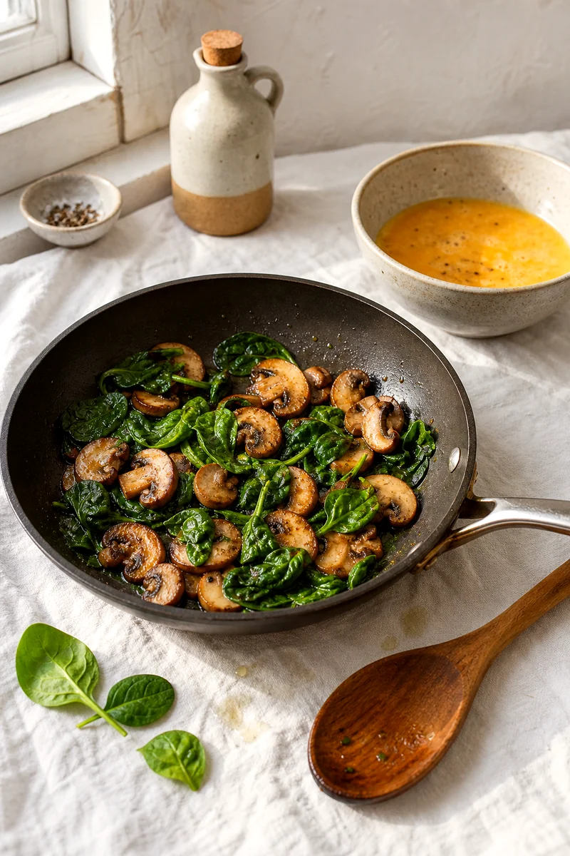 Mushrooms browning with spinach wilting in a skillet beside a bowl of beaten eggs