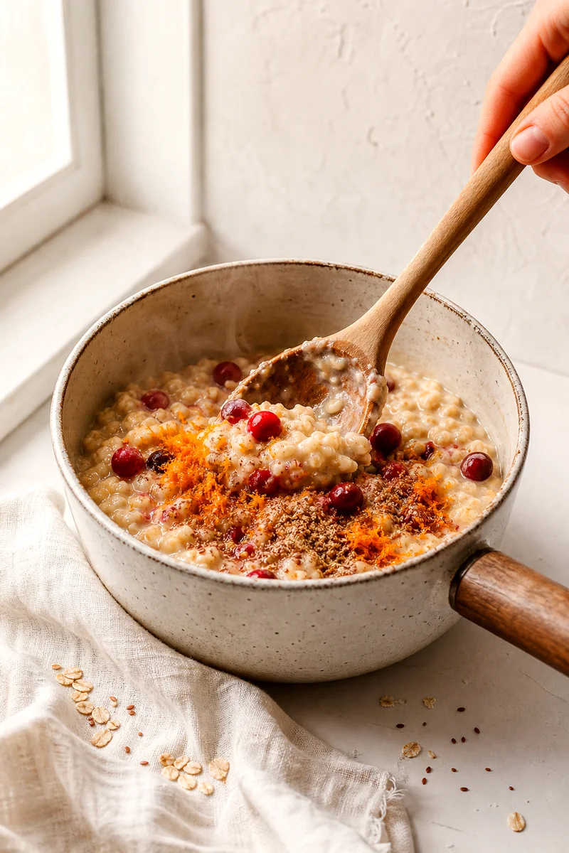 Creamy oats being stirred with cranberries, orange zest, and flaxseed in a saucepan