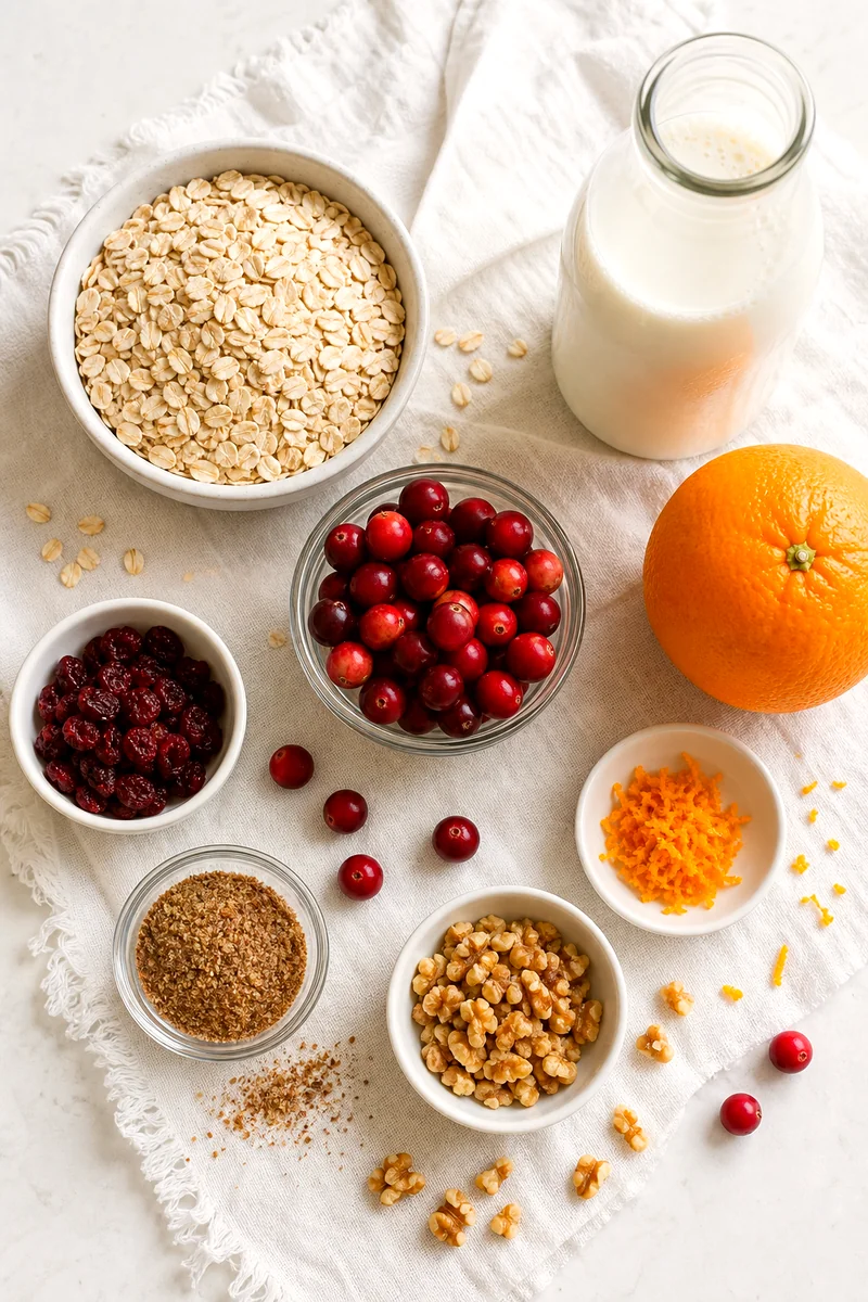 Rolled oats, milk, cranberries, orange zest, ground flaxseed, and walnuts arranged on white linen
