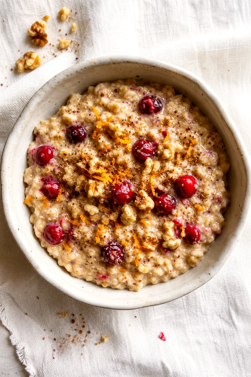 Top view of orange cranberry oatmeal with walnuts and flaxseed in a white ceramic bowl