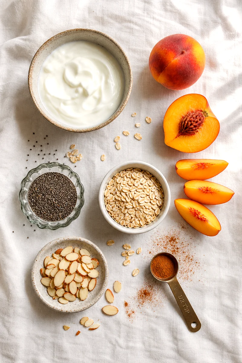 Greek yogurt, peaches, chia seeds, rolled oats, almonds, and cinnamon arranged on white linen