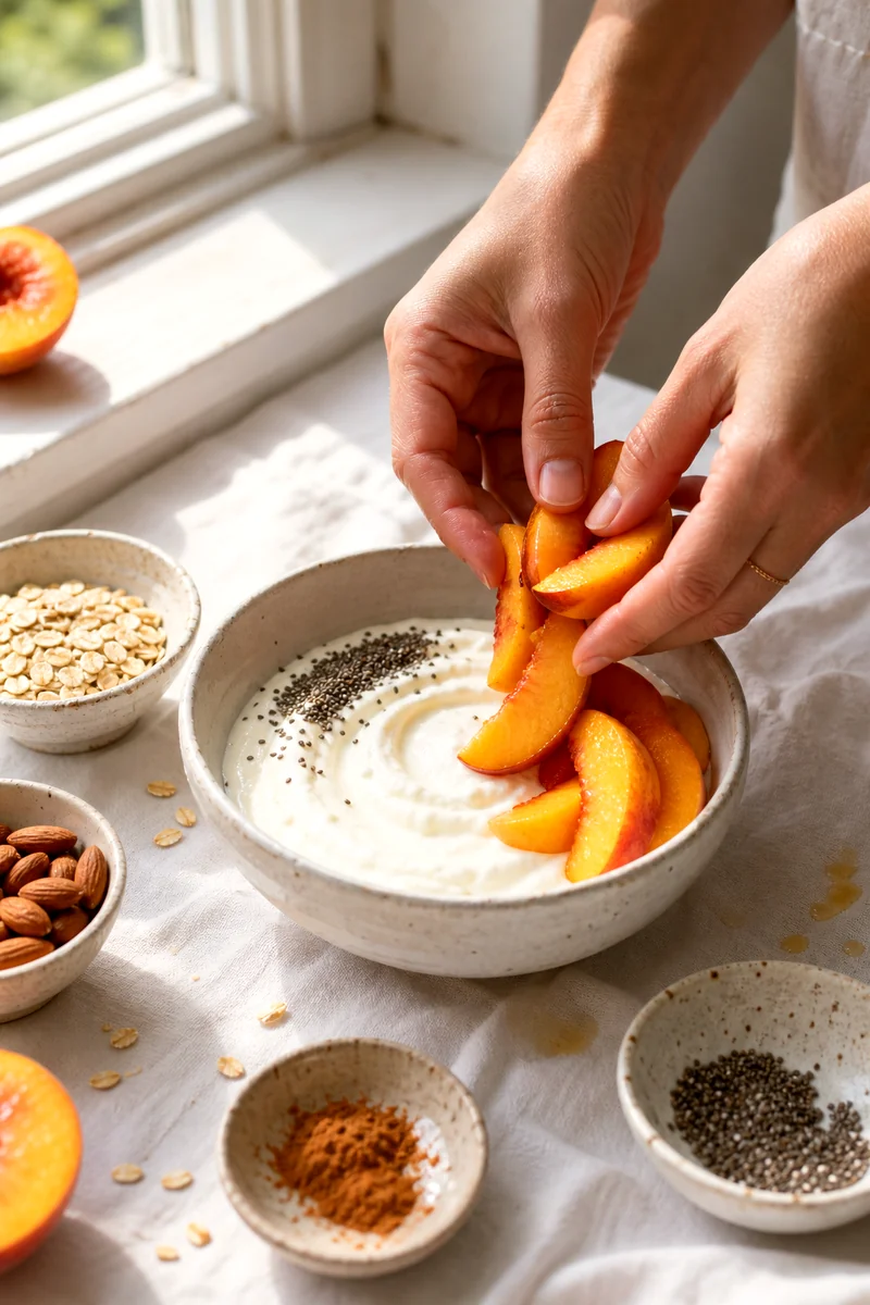 Hands placing sliced peaches on a bowl of thick Greek yogurt