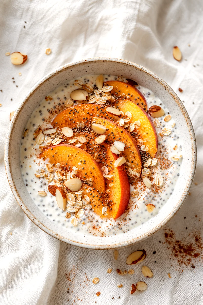 Top view of peach yogurt bowl with chia seeds, oats, almonds, and cinnamon