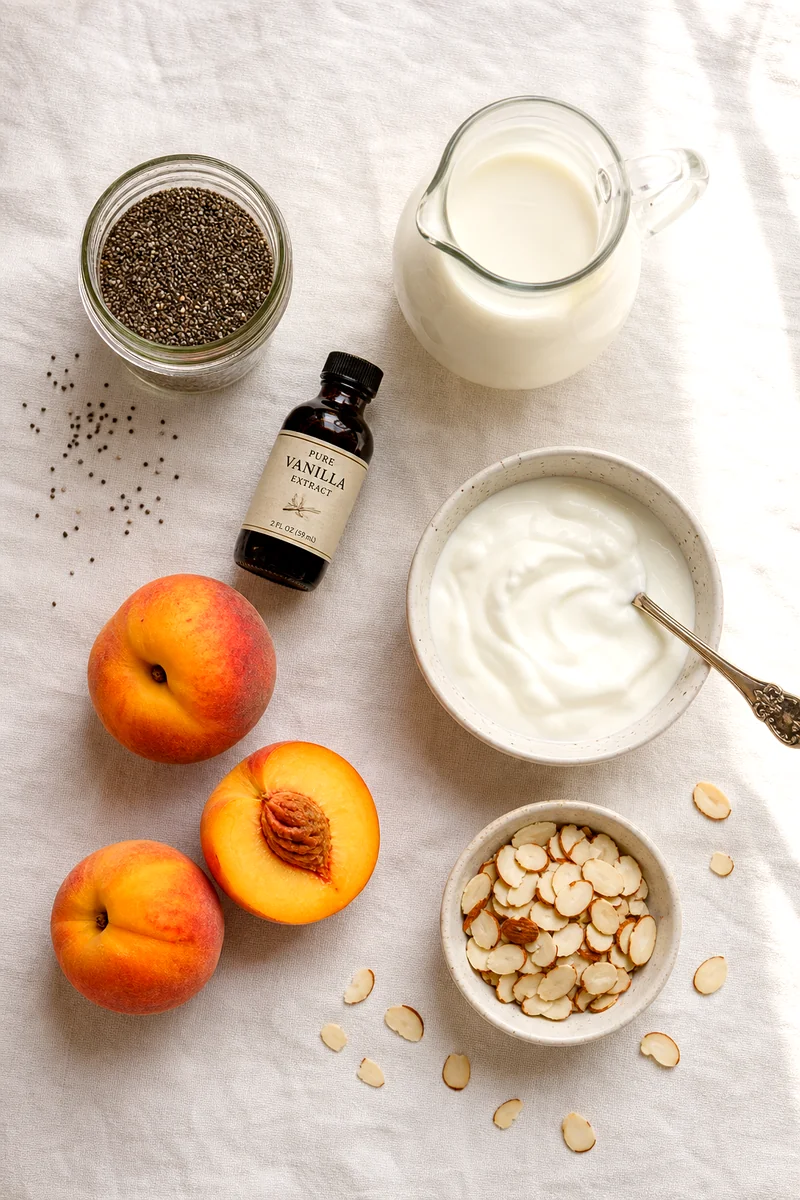 Chia seeds, milk, vanilla, peaches, almonds, and Greek yogurt arranged on white linen