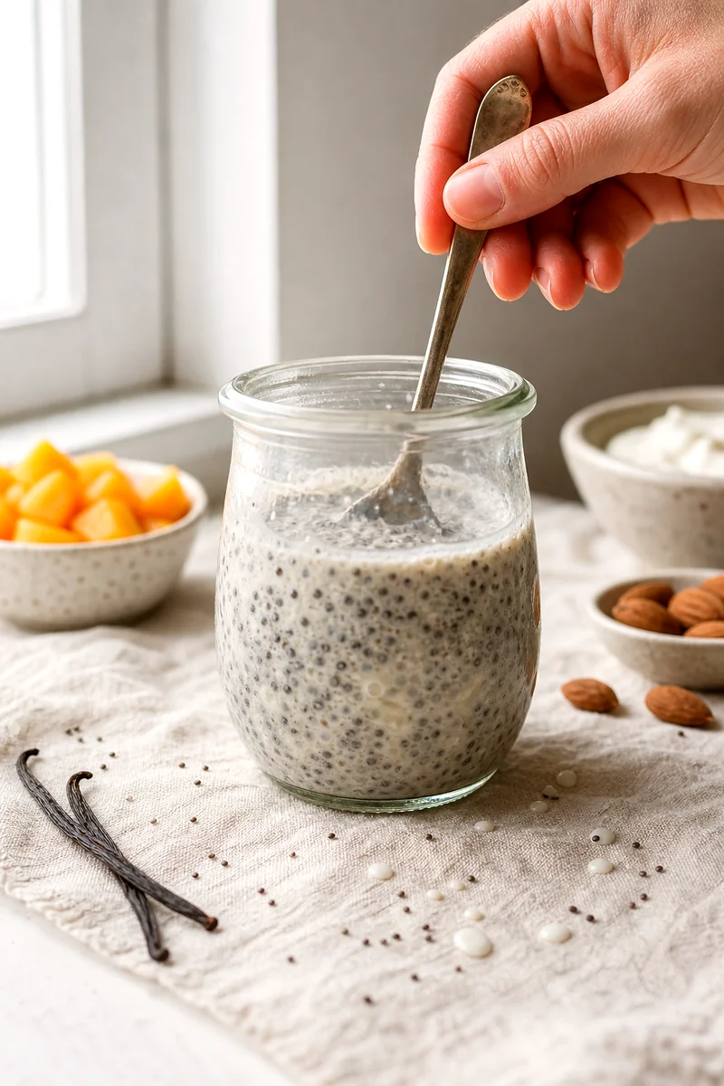 Chia seeds being stirred with milk and vanilla in a clear glass jar