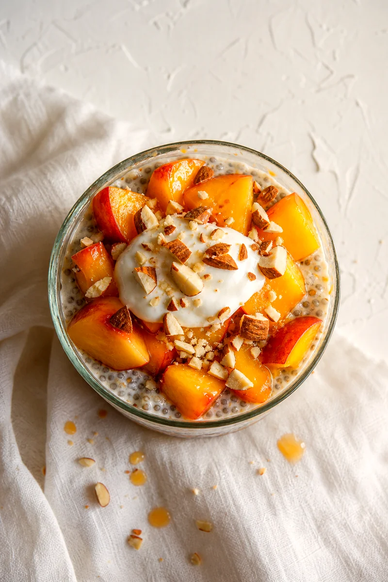 Top view of peach vanilla chia pudding with yogurt, peaches, and almonds in a clear glass