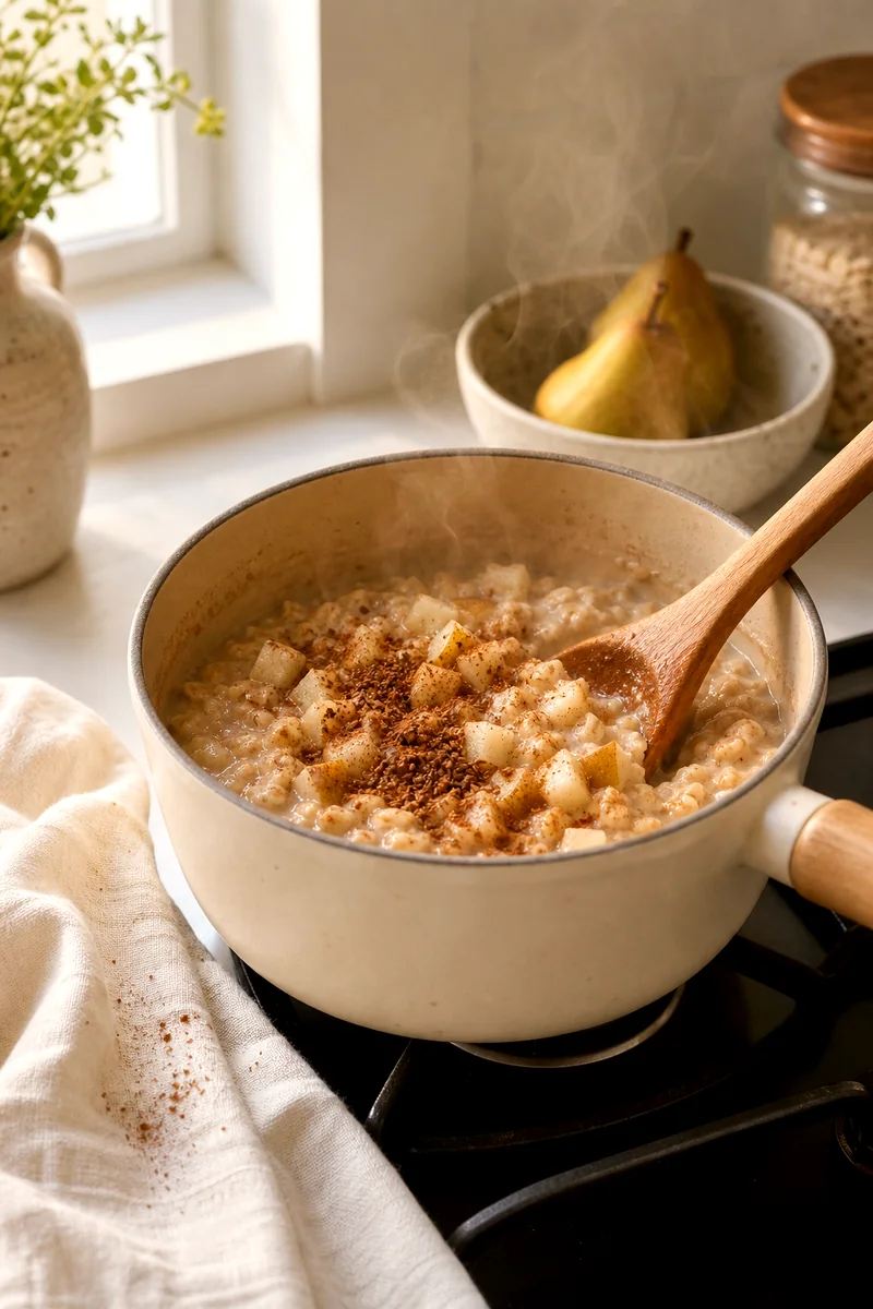 Creamy oats being stirred with diced pear, flaxseed, and cinnamon in a saucepan