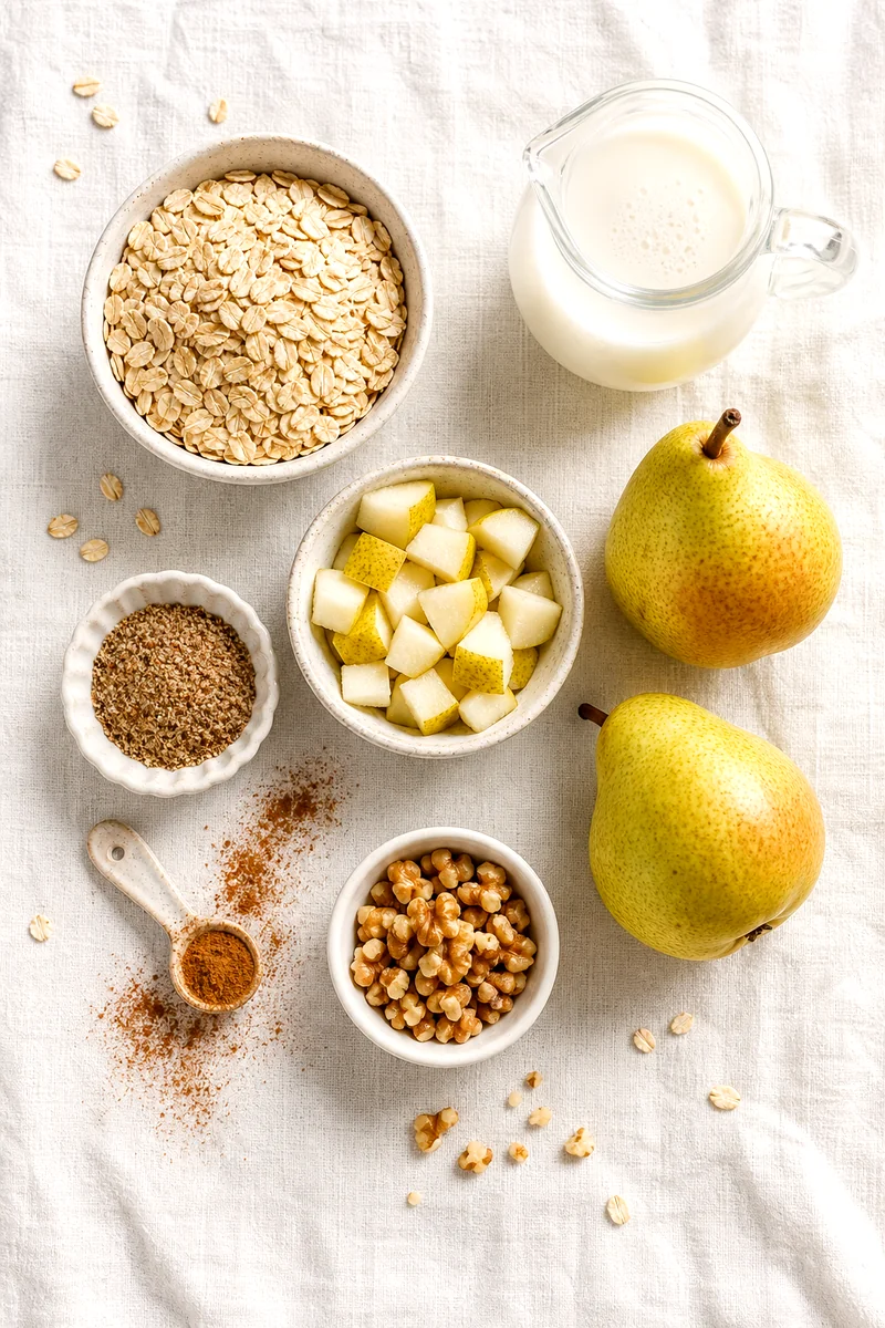Rolled oats, pears, flaxseed, cinnamon, milk, and walnuts arranged on white linen