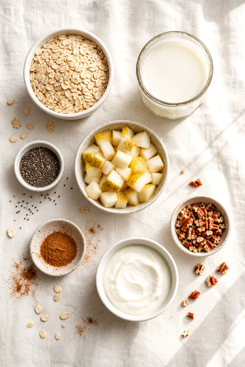 Rolled oats, pear, pecans, chia seeds, cinnamon, milk, and Greek yogurt arranged on white linen