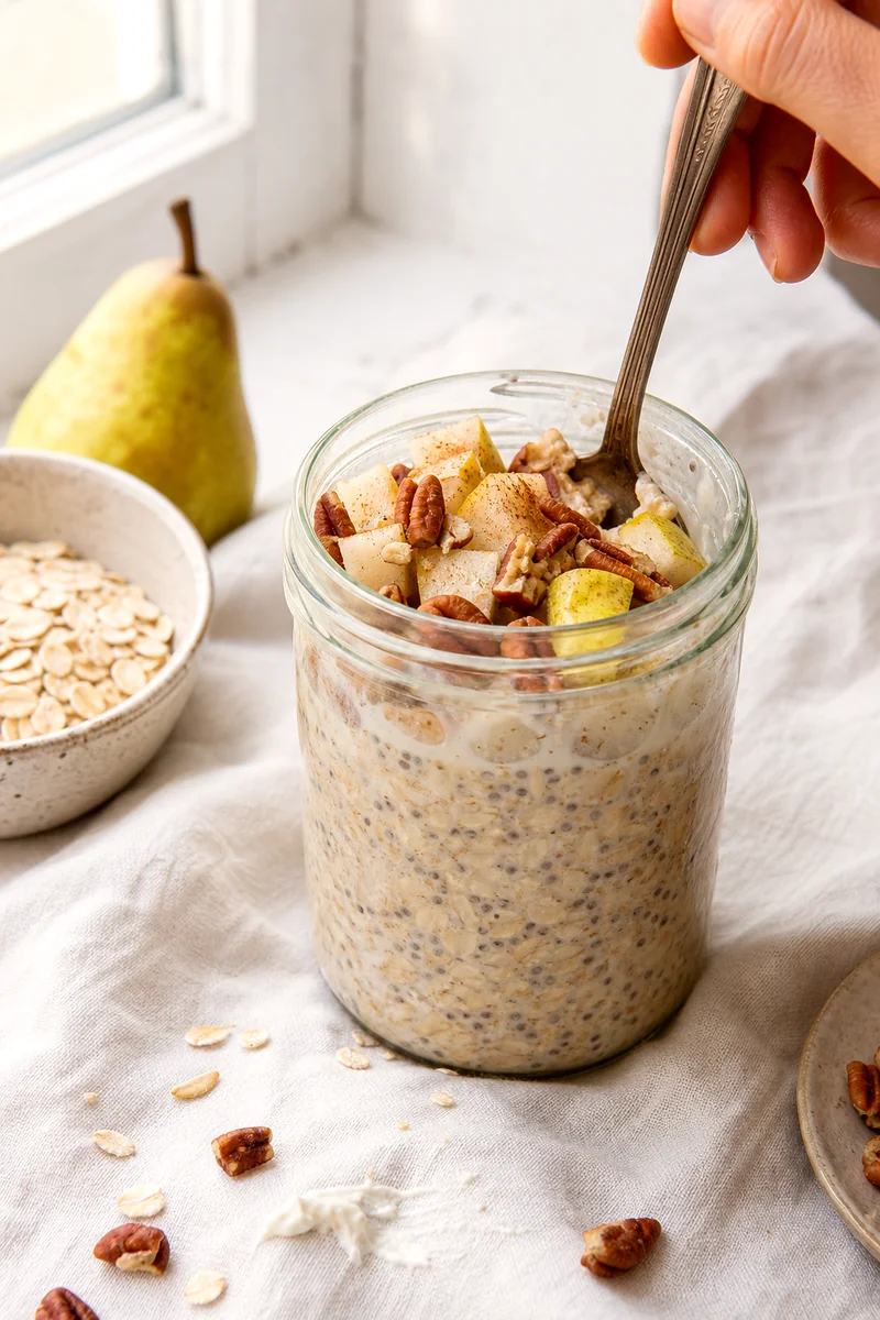 Glass jar of overnight oats being stirred with diced pear, pecans, chia seeds, yogurt, and cinnamon