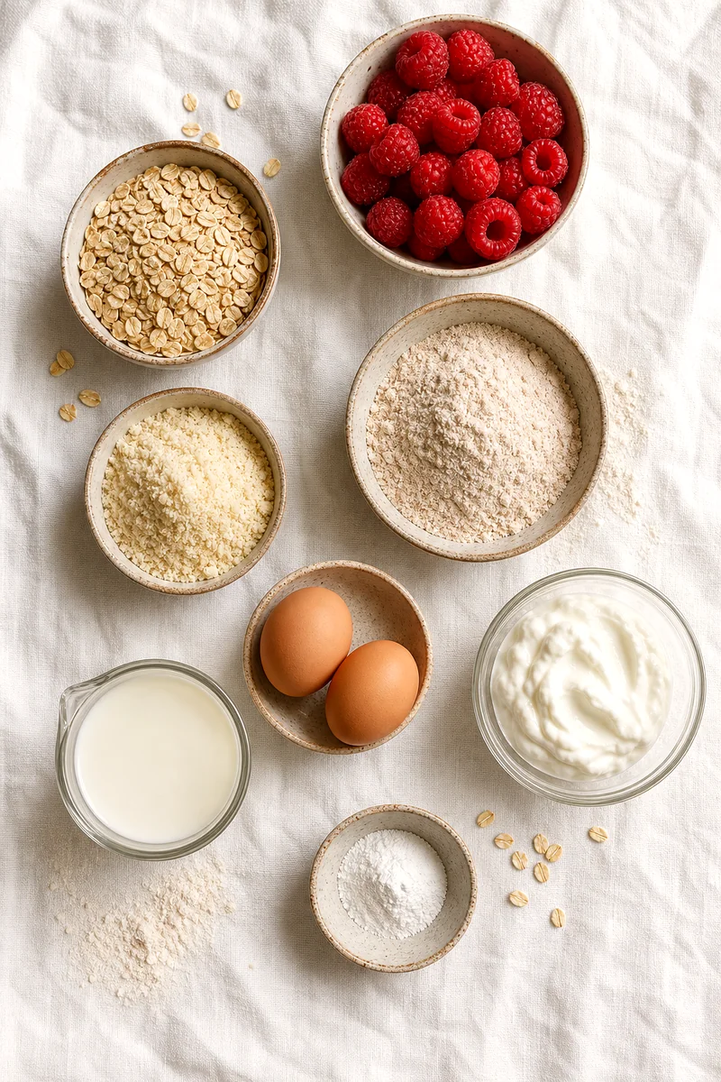 Raspberries, oats, flours, eggs, yogurt, milk, and baking powder arranged on white linen
